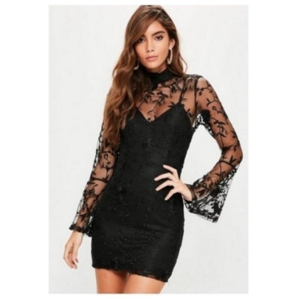 NWT Missguided Black Lace Bell Sleeves Dress 2